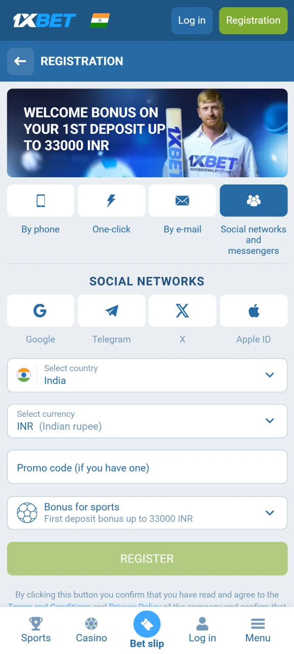 Create a new account on the official 1xbet website.