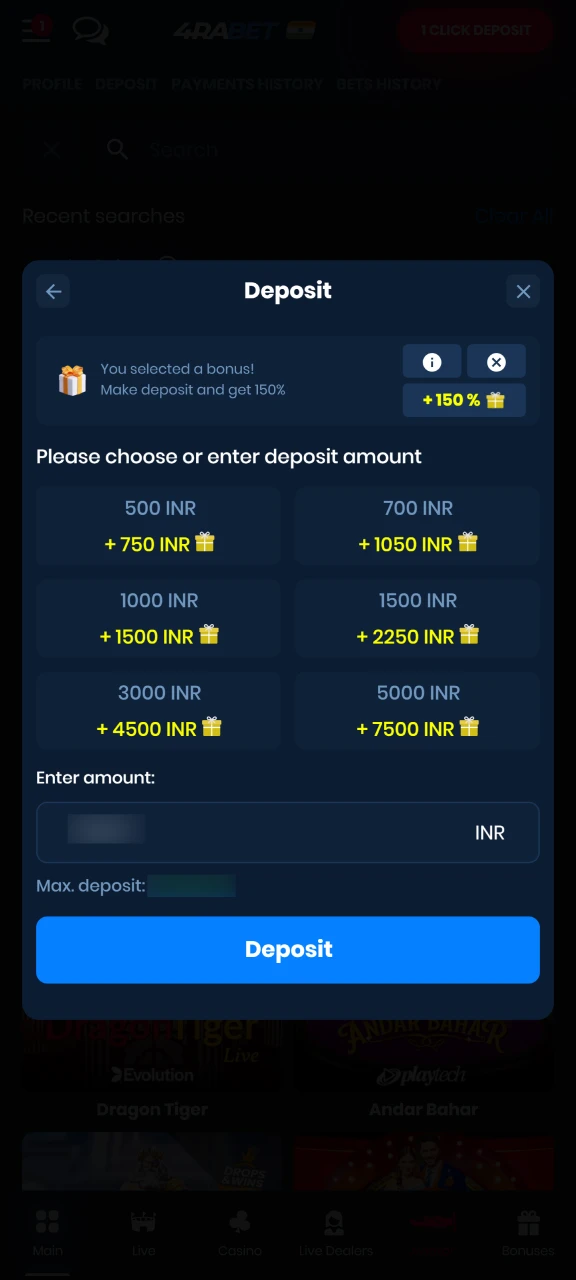 On the Deposit page, select a payment method and top up your account.