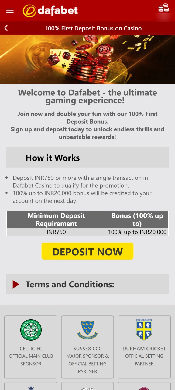 After making a deposit, a 100% bonus of up to 20,000 Indian rupees is awarded the next day.