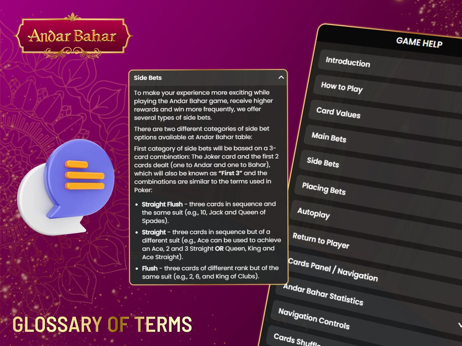 A list of terms that you may encounter while playing Andar Bahar.