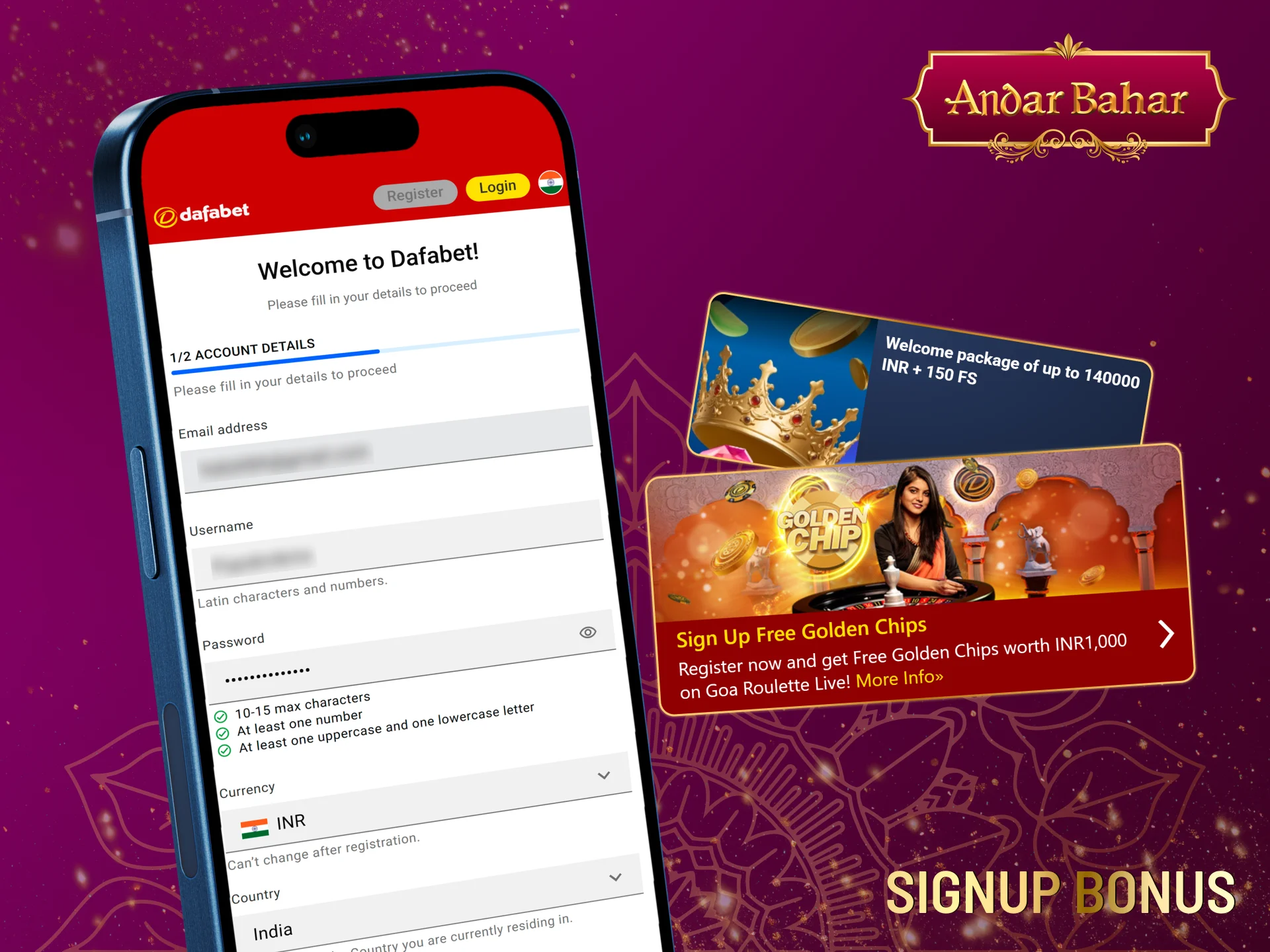 Step-by-step instructions for receiving a bonus for registering with Andar Bahar.