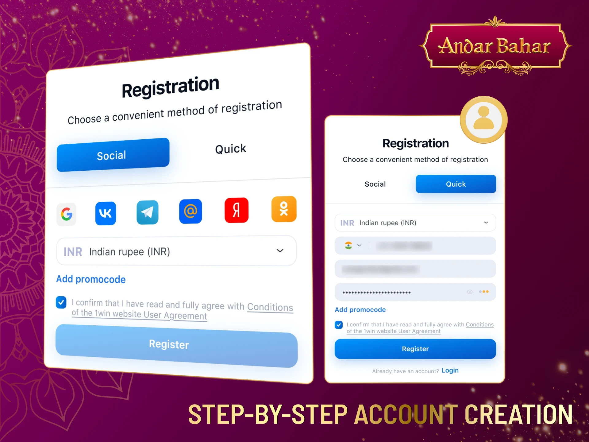 Detailed instructions for creating an account on Andar Bahar.